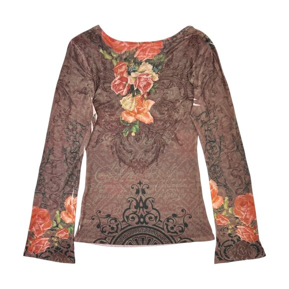 Y2K Vintage GUESS Red Purple Floral Rhinestone Long Sleeve Top sz XS - Picture 2 of 8